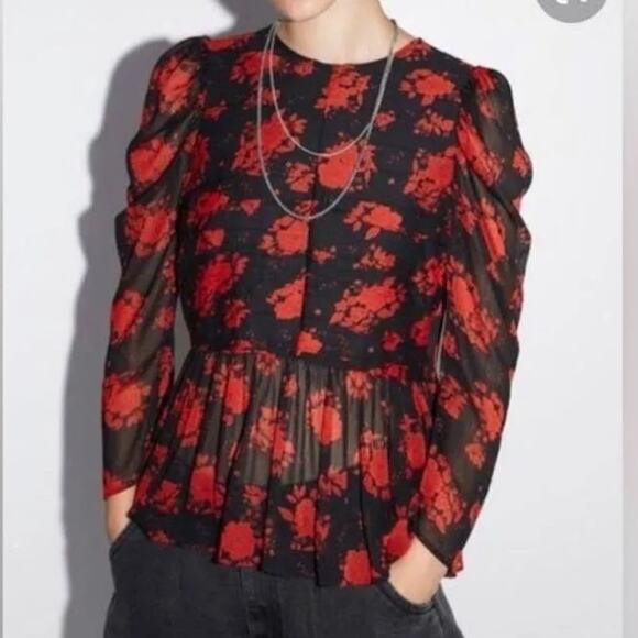 Zara Floral Semi Sheer Chiffon Peplum Top- Size S - Picture 1 of 5